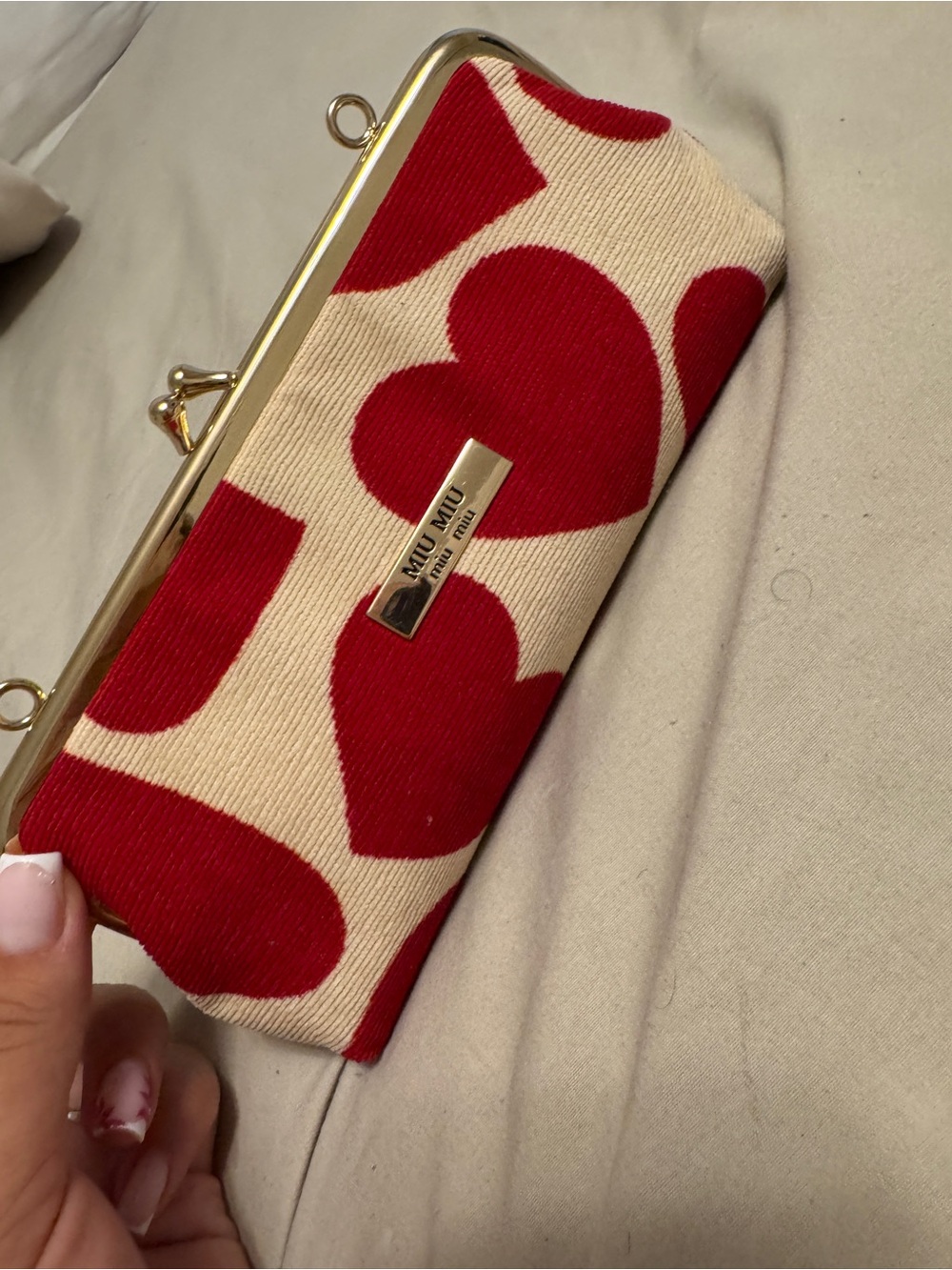Miu Miu Red Heart Print Canvas Frame Clutch